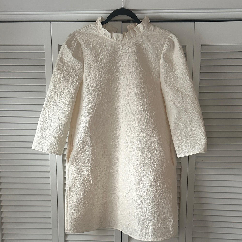 THML Elegant Cream Ruffle High Neck Textured Pockets Long Sleeve Dress